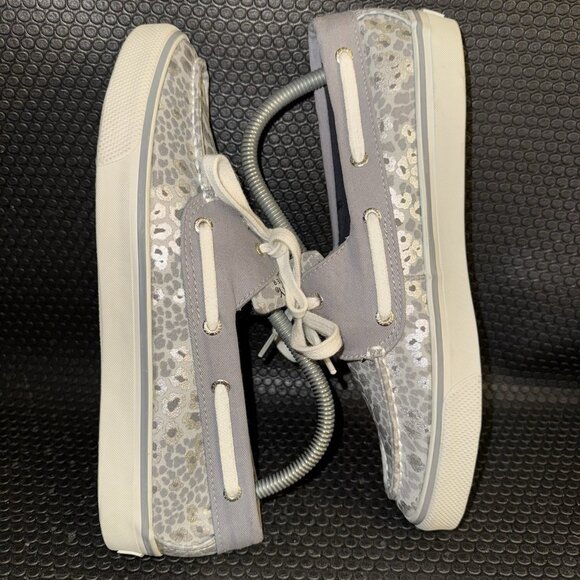 Sperry Top Sider White Gray Silver Leopard Canvas Lace Up Boat Shoes Size 9M - Picture 5 of 8